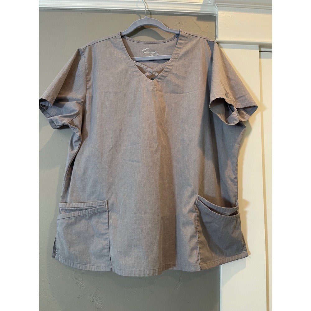 Butter-Soft Stretch Scrub Top Womens 2X Grey V-Neck Short Sleeve Medical Uniform